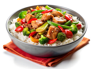 Vibrant Asian stir-fry bowl glazed chicken vegetables broccoli snap peas peppers rice sesame garnish savory sauce