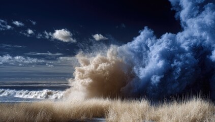 Infrared Wave Crashing on Shore with Dramatic Sky and Beach Grass.