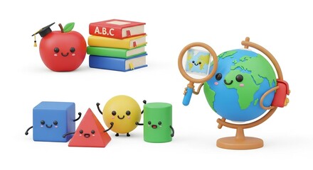 Obraz premium Cute cartoon characters representing school supplies and educational concepts, including an apple with a graduation cap, books, geometric shapes, and a globe with a magnifying glass.