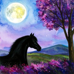 Black horse, moonlight, vibrant colors