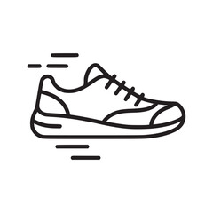 A stylized black outline of a running shoe with motion lines on a white background illustration