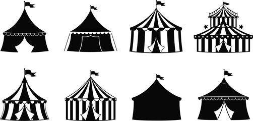 Collection of eight black and white circus tent silhouettes with flags, scallops, stripes, stars, multi-tiered shapes, and decorative elements