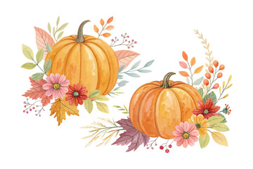 Watercolor Halloween Pumpkin with Autumn Leaves and Floral Arrangement