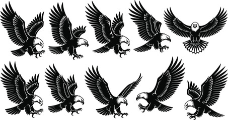 Eagle silhouettes in flight and landing poses, detailed bird of prey vector set for wildlife, tattoo, logo, hunting, and design projects