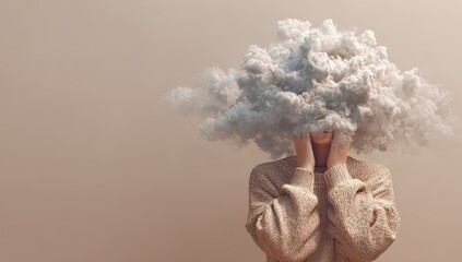A person with a large cloud covering their head, appearing distressed