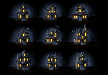 A cinematic 3D icon set of haunted houses with glowing windows and eerie details, perfect for dark Halloween visuals and premium graphics, Ai Generate.