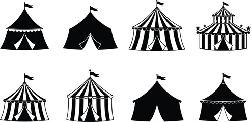 Set of eight black and white circus tent vector icons with flags, stripes, stars, scallops, symmetrical shapes, and entrances