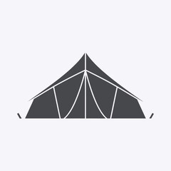 A stylized, dark gray silhouette of a classic A-frame tent with visible support poles and guy lines against a light gray background.