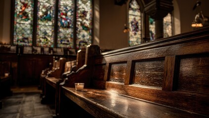 Wooden church pews, stained glass
