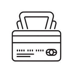 A minimalist line drawing of a credit card on a white background with a chip and magnetic stripe shown