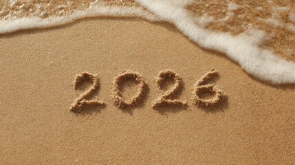 2026 written in sand with wave approaching