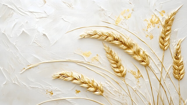 Golden wheat ears delicatey placed on a soft white srface, emphasizing their fne texture and natural eleance.