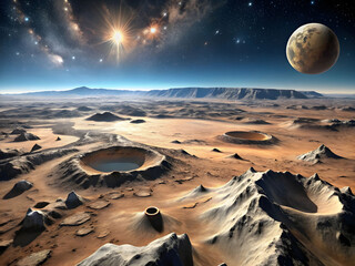 Alien Landscape Rust Plains Binary Stars Nebulae Rover Cosmic World Sci Fi Fantasy Isolated on White Background