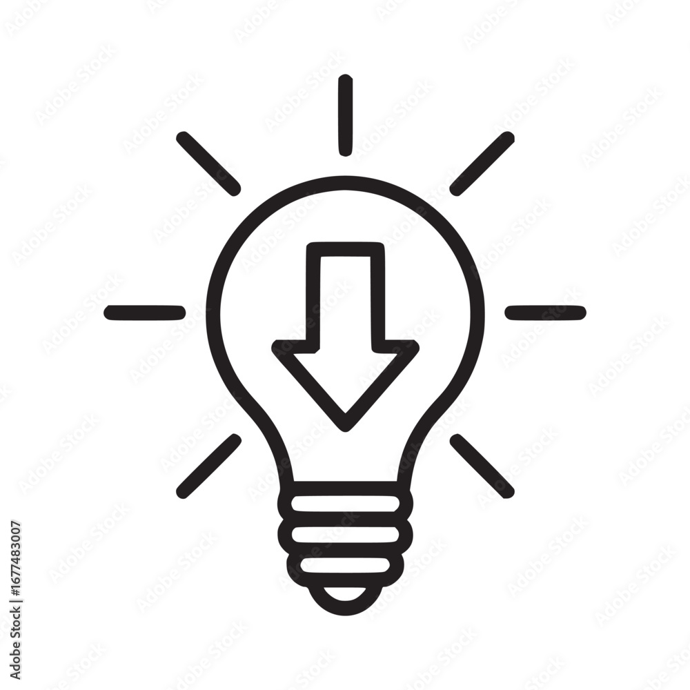 Aufkleber lightbulb with arrow pointing down and radiating lines in a minimalist black and white design style