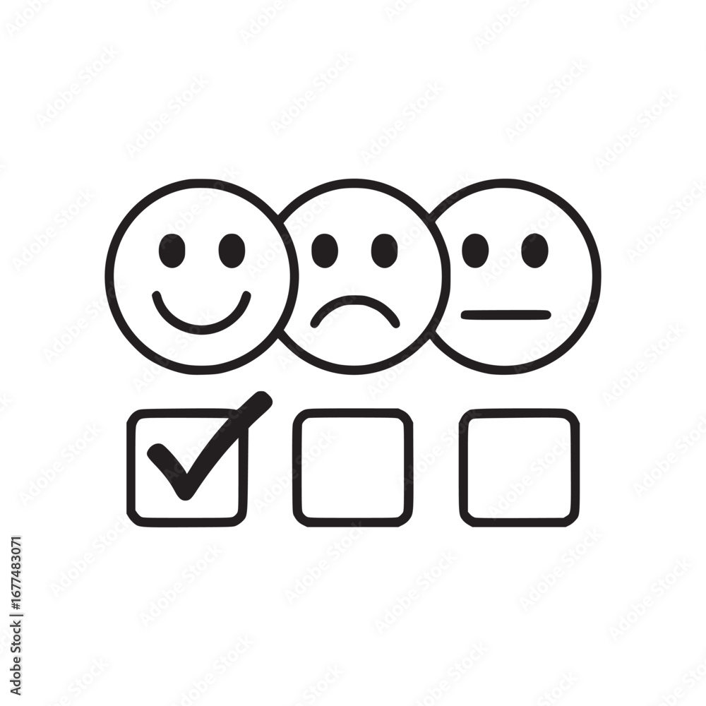 Aufkleber three faces with different expressions and a check mark on the happy face box in black and white