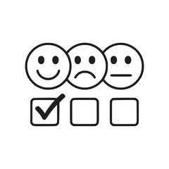 Three faces with different expressions and a check mark on the happy face box in black and white