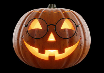 A fun 3D Halloween pumpkin wearing stylish round glasses with glowing orange light, perfect for creative and modern Halloween graphics, Ai Generate.
