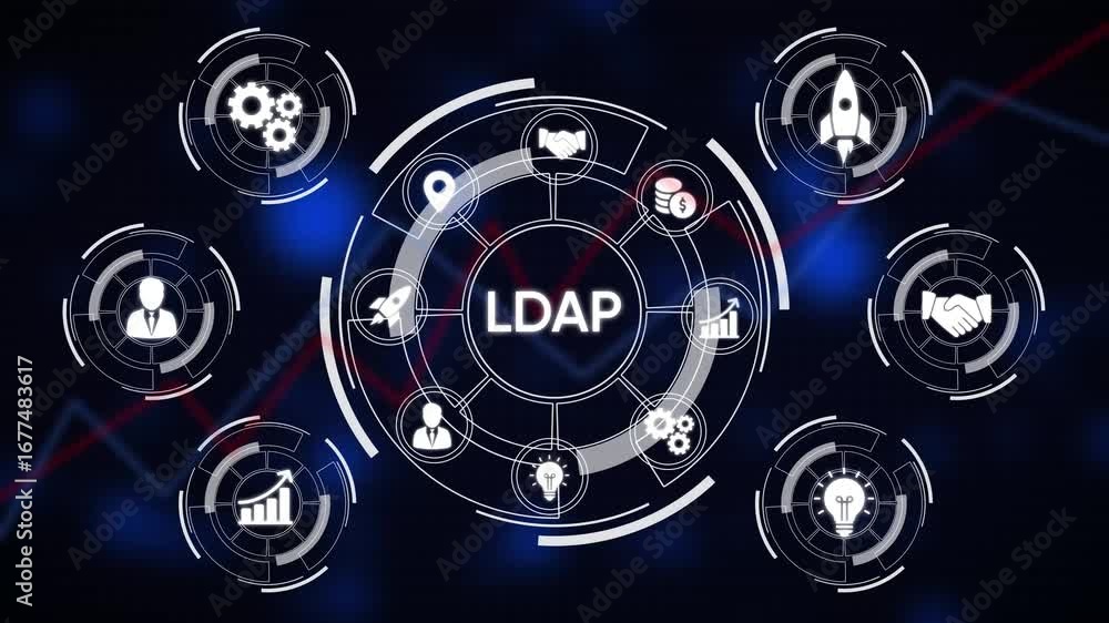 Poster digital infographic with ldap acronym in center surrounded by business icons and data charts on dark