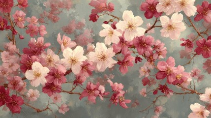 Pink and white cherry blossom flowers on blue background