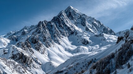 A majestic snow-capped mountain range stretches across the landscape under a brilliant blue sky.