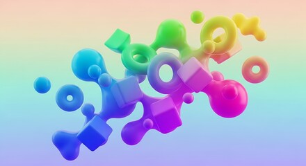 Abstract rainbow liquid droplets and bubbles floating against a gradient background