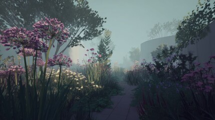 Dreamy garden scene with flowers and trees in soft fog