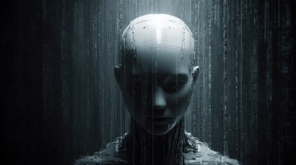 Female android robot in a dark rainy environment