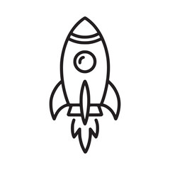 A simple line drawing of a rocket ship launching with flames on a plain white background space travel