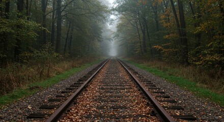 Fototapeta premium A solitary train track disappears into the misty, autumn forest, evoking a sense of journey and mystery