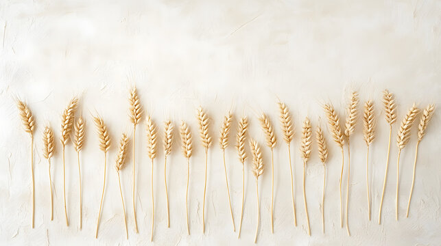 Golden wheat ears lying ina perfect row on a smooth hite surface, their fine oganic texture and natural eauty captured in great deail.