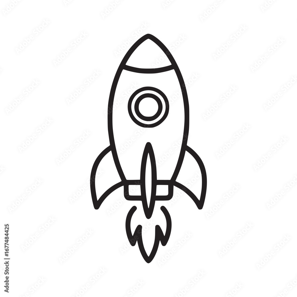 Aufkleber a simple line drawing of a rocket ship with flames on a white background in a minimalist style