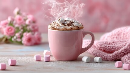 A cozy cup of hot chocolate topped with marshmallows, surrounded by pink flowers and a soft knit blanket.