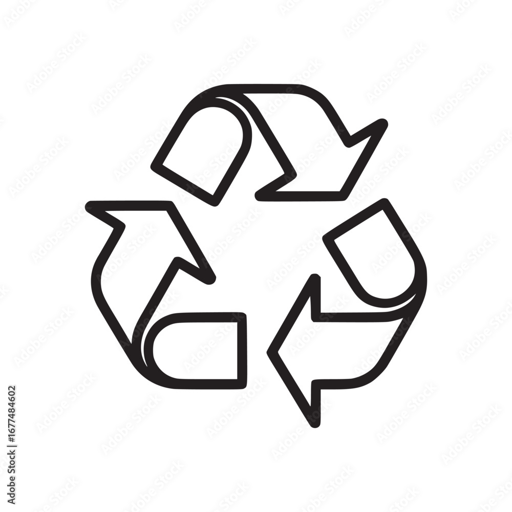 Poster a simple black and white recycling symbol with arrows on a plain white background center frame view