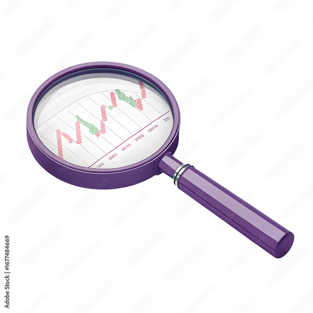 Poster magnifying glass examining financial chart isolated on a transparent background stock png file