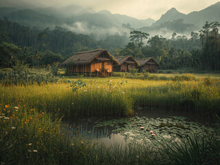 Traditional wooden huts with thatched roofs in a lush green landscape with a pond village