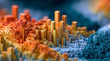 Vibrant abstract landscape of digital blocks with gradient colors and blurry futuristic cityscape background