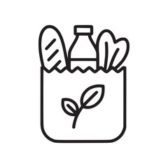 Outline drawing of a grocery bag filled with bread bottle and lettuce with a leaf design on the bag