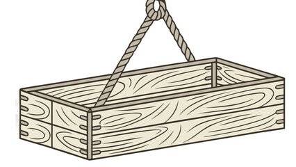 A wooden box hanging from a rope with visible wood grain and construction details in a simple illustration