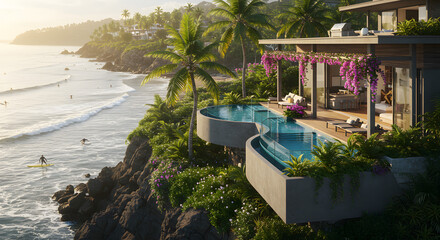 Fototapeta premium Luxury ocean view villa with infinity pool and tropical beach landscape for real estate marketing