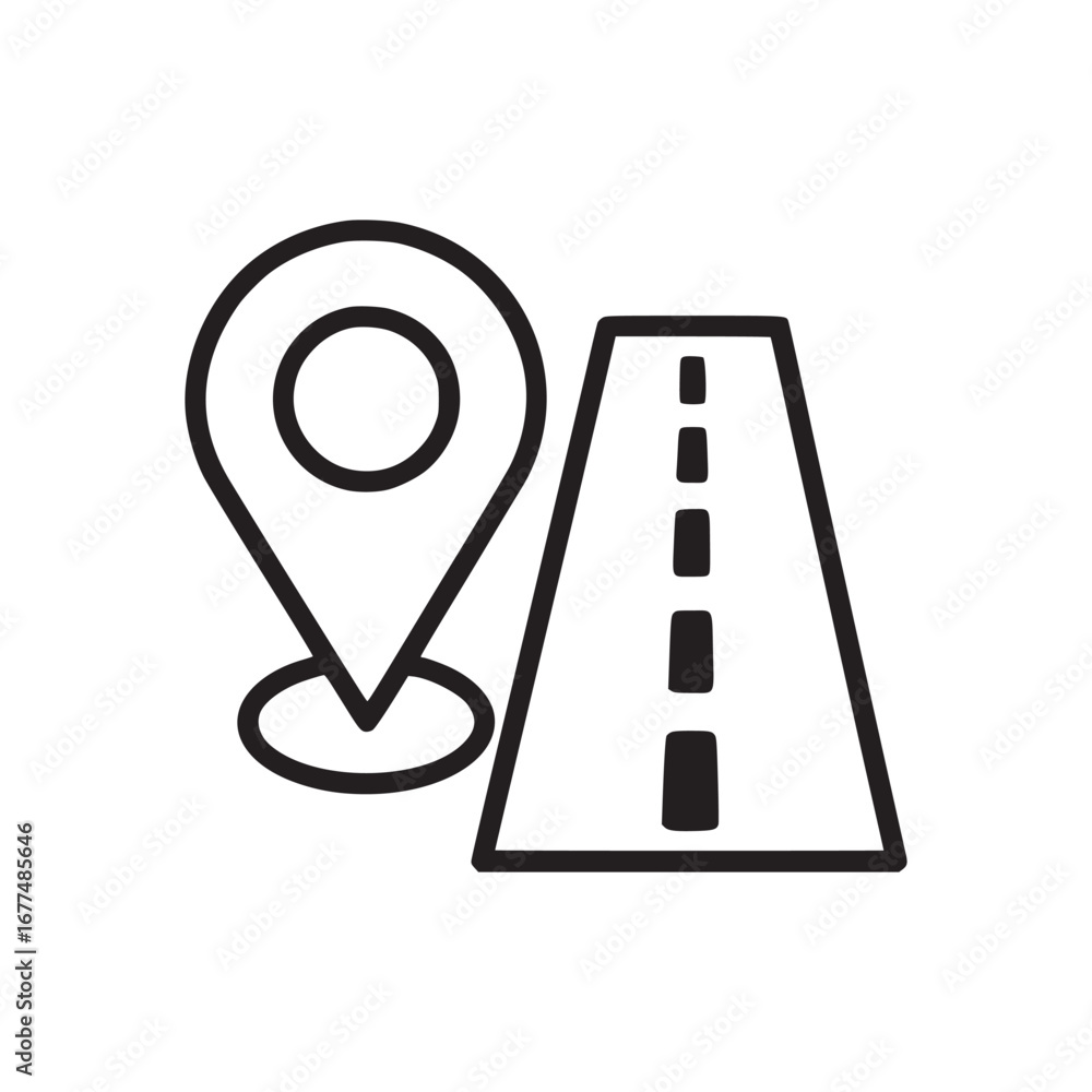 Poster a simple illustration of a location pin next to a road with dashed center line marking the way