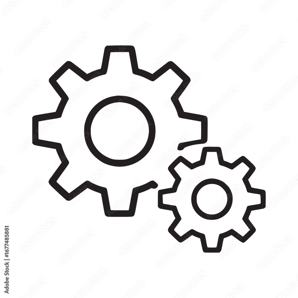 Poster two gears interlocking in a simple black outline design on a plain white background illustration sty