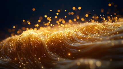 Spaghetti noodles arrangedin a neat pile, their deliate strands glowing in a sft golden light on a dark ackground.