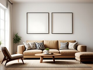 Cozy living room with modern furniture and blank frames
