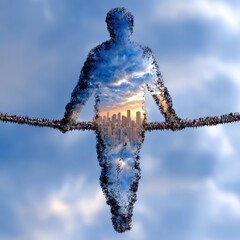 A surreal depiction of a figure balancing between worlds, symbolizing the challenges of life and the search for balance and harmony.