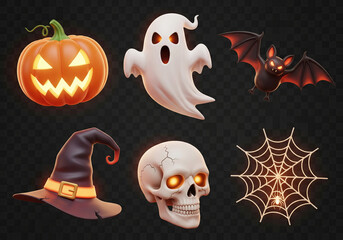 A premium 3D Halloween icon set including pumpkin, ghost, bat, witch hat, skull, and spider web, perfect for modern seasonal designs and high-quality graphics, Ai Generate.