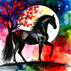 Black horse, vibrant colors, night scene