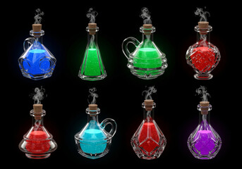 A premium 3D icon set of potion bottles with glowing liquids and smoky effects, perfect for mystical and spooky Halloween graphics, Ai Generate.