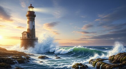 Obraz premium Majestic lighthouse stands against crashing waves at sunset, symbolizing hope and guidance on a rocky shore.