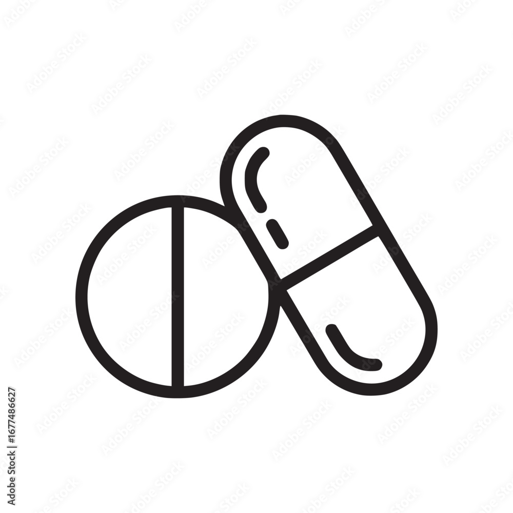 Poster outline illustration showing a round pill and capsule on a white background in simple graphic style