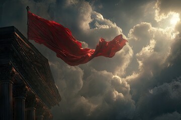 Dramatic red flag billows against stormy sky over ancient ruins